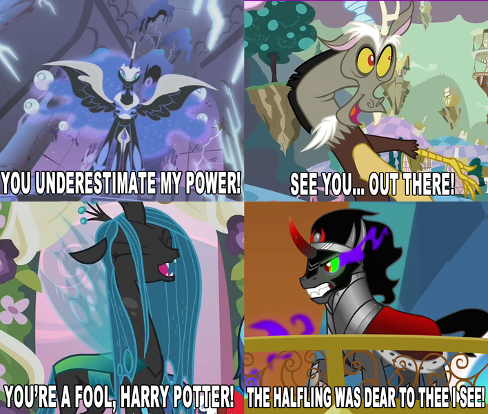 Size: 1163x986 | Tagged: safe, derpibooru import, edit, edited screencap, screencap, discord, king sombra, nightmare moon, queen chrysalis, alicorn, changeling, changeling queen, draconequus, pony, unicorn, cropped, darth vader, female, image macro, male, mare, q, sauron, spread wings, stallion, voldemort, wings