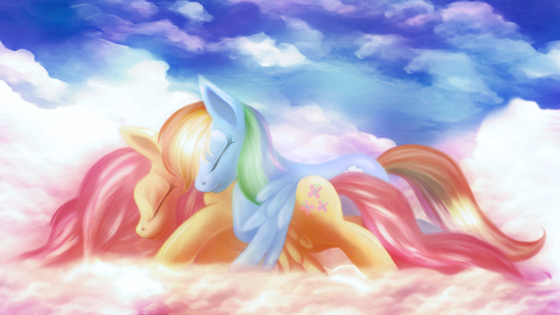 Size: 1920x1080 | Tagged: safe, artist:macalaniaa, derpibooru import, fluttershy, rainbow dash, female, flutterdash, lesbian, shipping