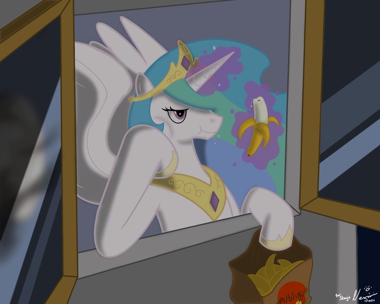 Size: 2500x2000 | Tagged: artist:nexivian, banana, banana bag, bananalestia, derpibooru import, friendship is magic bitch, princess celestia, publix, safe, solo, trollestia