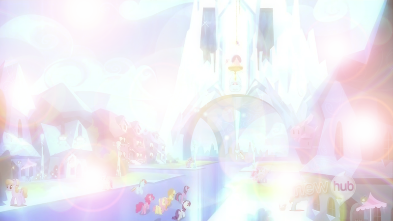 Size: 1280x720 | Tagged: safe, derpibooru import, edit, edited screencap, screencap, applejack, fluttershy, pinkie pie, rainbow dash, rarity, twilight sparkle, crystal pony, earth pony, pegasus, pony, unicorn, games ponies play, crystal empire, hub logo, hubble, lens flare, mane six