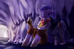 Size: 1400x935 | Tagged: anthro, artist:siden, broken horn, cave, clothes, derpibooru import, dirty, gem, gloves, pickaxe, rarity, safe, solo, sweat, unguligrade anthro