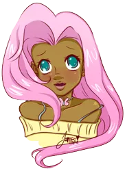 Size: 324x438 | Tagged: artist:jazzie-simone, bra strap, bust, clothes, dark skin, derpibooru import, fluttershy, humanized, off shoulder, off shoulder sweater, portrait, safe, solo, sweater, sweatershy