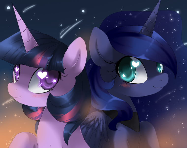 Size: 906x715 | Tagged: dead source, safe, artist:loyaldis, derpibooru import, princess luna, twilight sparkle, female, heart eyes, shooting star, wingding eyes