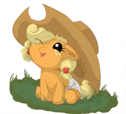 Size: 900x810 | Tagged: safe, artist:vintrove, derpibooru import, applejack, earth pony, pony, babyjack, cute, diaper, eye clipping through hair, female, filly, foal, freckles, hair over one eye, hat