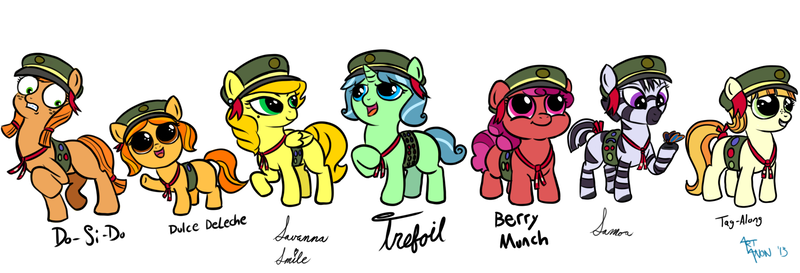 Size: 1700x580 | Tagged: safe, artist:aa, derpibooru import, tag-a-long, oc, oc:berry munch, oc:do-si-do, oc:dulce deleche, oc:samoa, oc:savannah smile, oc:trefoil, butterfly, earth pony, pegasus, pony, unicorn, zebra, ask a filly scout, just for sidekicks, beret, charity, colored, cookie, ear piercing, earring, female, filly, filly guides, filly scouts, food, freckles, hat, jewelry, open mouth, piercing, pigtails, sash, simple background, sketch, smiling, thin mint, white background, zebra oc