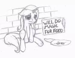 Size: 933x726 | Tagged: artist needed, safe, derpibooru import, trixie, pony, unicorn, begging, bits, female, hobo, homeless, mare, monochrome, poor, poverty, sad, solo, will x for y