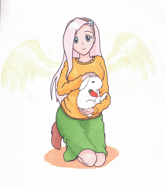 Size: 786x885 | Tagged: safe, artist:carboncopy, derpibooru import, fluttershy, rabbit, carrot, clothes, humanized, skirt, solo, winged humanization