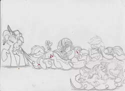 Size: 3501x2550 | Tagged: accessory swap, applejack, artist:deihiru, derpibooru import, fluttershy, long tail, mane seven, pinkie pie, rainbow dash, rarity, safe, sleeping, spike, traditional art, twilight sparkle, wat