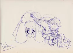 Size: 3501x2550 | Tagged: safe, artist:deihiru, derpibooru import, pinkie pie, scootaloo, pegasus, pony, butt, female, filly, mare, monochrome, plot, traditional art