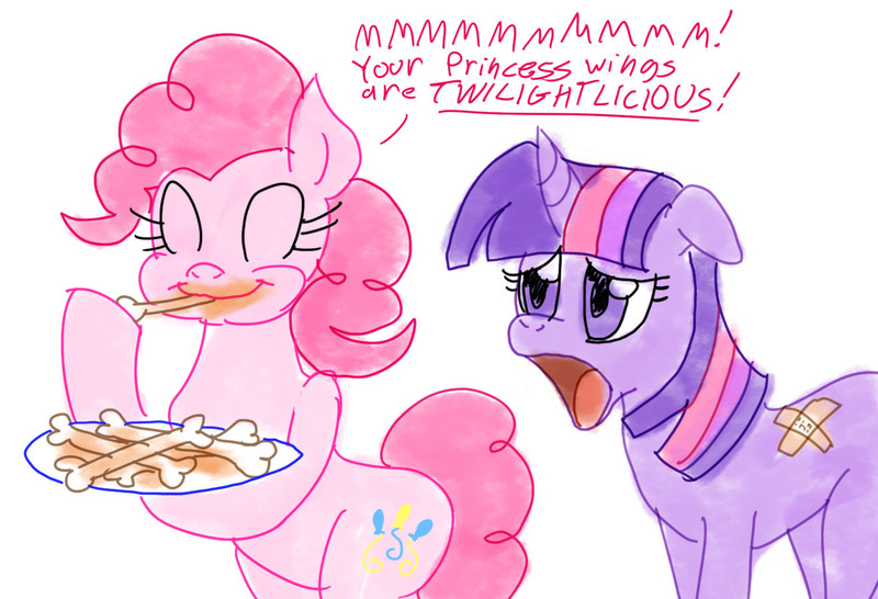 Size: 1318x900 | Tagged: semi-grimdark, derpibooru import, pinkie pie, twilight sparkle, twilight sparkle (alicorn), alicorn, earth pony, pony, amputee, bone, cannibalism, dark comedy, eating, female, food, mare, meat, ponies eating meat, pony as food, twilightlicious, wingless