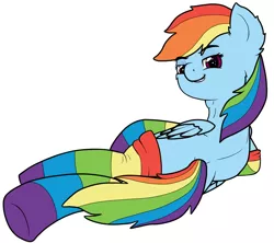 Size: 1024x910 | Tagged: artist:geekygami, clothes, derpibooru import, rainbow dash, rainbow socks, socks, solo, striped socks, suggestive