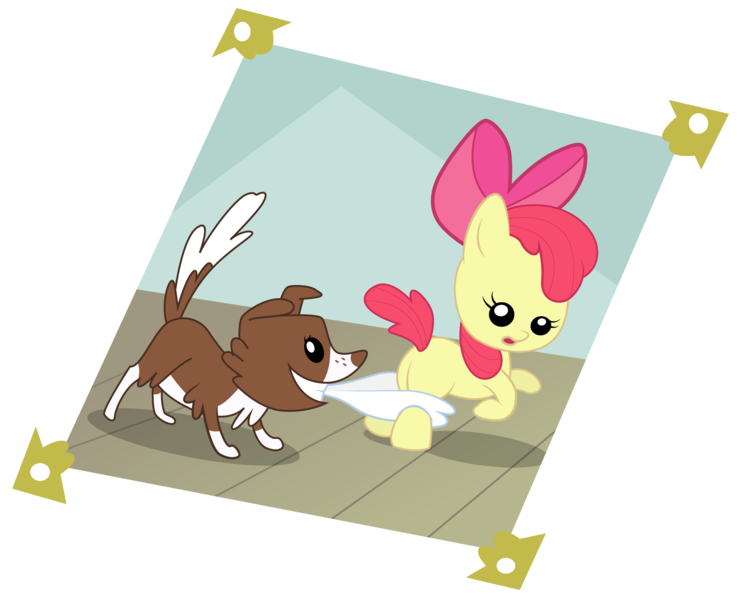 Size: 2000x1628 | Tagged: safe, artist:ahumeniy, derpibooru import, apple bloom, winona, pony, ponyville confidential, baby, baby pony, coppertone, diaper, foal, puppy, vector