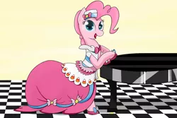 Size: 1000x667 | Tagged: artist:ciscoql, clothes, derpibooru import, disproportional anatomy, dress, gala dress, long neck, piano, pinkie pie, safe