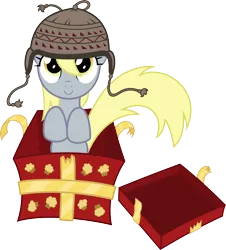 Size: 9406x10384 | Tagged: safe, artist:agamnentzar, artist:tryhardbrony, derpibooru import, derpy hooves, pegasus, pony, .ai available, absurd resolution, box, cap, christmas, female, hat, mare, present, simple background, solo, transparent background, underp, vector