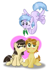 Size: 1024x1484 | Tagged: safe, artist:aleximusprime, derpibooru import, wild fire, oc, oc:mandopony, oc:sleepy skies, earth pony, pegasus, pony, blushing, female, heart, imminent kissing, kiss on the cheek, kissing, male, mandofire, mare, mistletoe, mouth hold, shipper on deck, simple background, stallion, straight, transparent background, unamused, wild fire is not amused