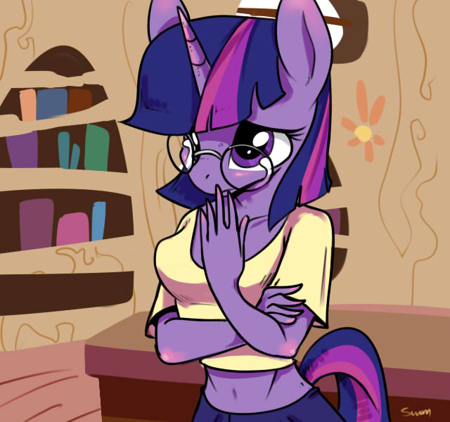Size: 640x600 | Tagged: adorkable, anthro, artist:swomswom, belly button, cute, derpibooru import, dork, glasses, golden oaks library, library, midriff, safe, solo, twilight sparkle