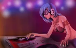 Size: 2250x1421 | Tagged: artist:gunslingerpen, bikini top, breasts, clothes, derpibooru import, female, headphones, humanized, necklace, panties, safe, sideboob, smiling, solo, thong, turntable, underwear, vinyl scratch