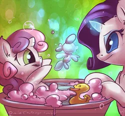 Size: 1000x927 | Tagged: safe, artist:atryl, derpibooru import, rarity, sweetie belle, pony, unicorn, bath, bubble, cute, diasweetes, duo, female, filly, magic, mare, open mouth, rubber duck, smiling, water