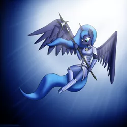 Size: 1024x1024 | Tagged: anthro, armor, artist:devs-iratvs, derpibooru import, flying, halberd, hooves, polearm, princess luna, safe, solo, unguligrade anthro, warrior luna, weapon