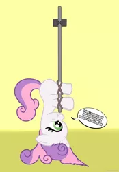 Size: 3200x4600 | Tagged: artist:greaterlimit, broom, derpibooru import, living object, messy mane, rope, safe, scrunchy face, simple background, speech bubble, sweetie belle, upside down