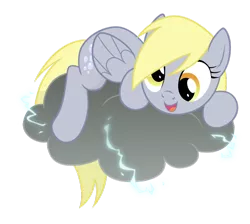 Size: 912x818 | Tagged: safe, artist:themightysqueegee, derpibooru import, derpy hooves, pegasus, pony, cloud, cute, derpabetes, female, lightning, mare, open mouth, prone, simple background, smiling, solo, stormcloud, transparent background, vector