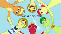 Size: 1366x768 | Tagged: safe, derpibooru import, edit, edited screencap, screencap, apple bloom, applejack, big macintosh, flam, flim, granny smith, earth pony, pony, the super speedy cider squeezy 6000, apple family, flim flam brothers, hub logo, low angle, male, stallion, worm's eye view