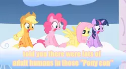 Size: 636x348 | Tagged: safe, derpibooru import, applejack, fluttershy, pinkie pie, twilight sparkle, bronycon, image macro, open mouth, ponycon, shock, sitting, sky, spread wings, spying, surprised, tongue out, watching, wide eyes, wingboner, yellow text