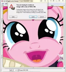 Size: 684x740 | Tagged: safe, derpibooru import, pinkie pie, earth pony, pony, gimp, scaling warning message, solo, too big, wilber, windows