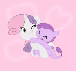 Size: 845x792 | Tagged: artist:carnifex, aunt and niece, cute, dracony, hug, hybrid, interspecies offspring, oc, ocbetes, oc:lavender, offspring, parent:rarity, parent:spike, parents:sparity, safe, sweetie belle
