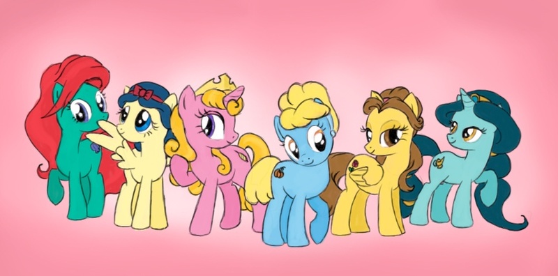 Size: 893x442 | Tagged: safe, artist:aldriona, derpibooru import, ponified, ariel, belle, cinderella, clash of hasbro's titans, disney, disney princess, image, jasmine, jpeg, princess aurora, snow white