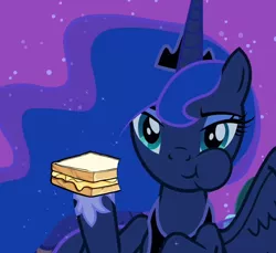 Size: 600x550 | Tagged: cropped, derpibooru import, eating, edit, edited screencap, food, glorious grilled cheese, grilled cheese, luna eclipsed, princess luna, puffy cheeks, safe, sandwich, screencap, solo