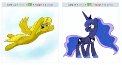 Size: 539x292 | Tagged: safe, derpibooru import, princess luna, oc, oc:ticket, alicorn, pony, derpibooru, alicorn oc, exploitable meme, hug, incoming hug, juxtaposition, juxtaposition win, meme, meta, not sure if want