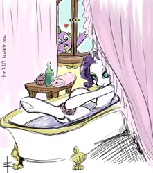 Size: 797x900 | Tagged: safe, artist:tt-n, derpibooru import, rarity, spike, pony, unicorn, 30 minute art challenge, bath, blushing, claw foot bathtub, hooves, voyeurism