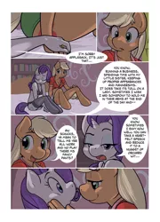 Size: 613x850 | Tagged: safe, artist:ajin, derpibooru import, applejack, rarity, anthro, earth pony, unguligrade anthro, unicorn, comic:lust before you sleep, applesack, belly button, breasts, busty applejack, busty rarity, charity, comic, female, holding hands, hoofbeat, lesbian, midriff, rarijack, shipping, underass