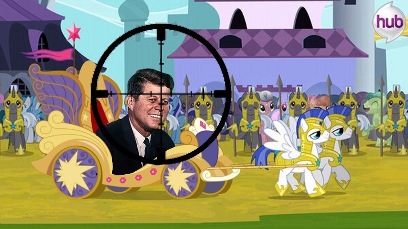 Size: 899x503 | Tagged: semi-grimdark, derpibooru import, edit, edited screencap, screencap, minuette, human, pony, magical mystery cure, american presidents, assassination, crosshair, exploitable meme, imminent death, irl, irl human, jfk assassination, john f. kennedy, male, meme, photo, president, royal guard, shooting, stallion, twimobile