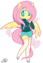 Size: 873x1286 | Tagged: ambiguous facial structure, anthro, artist:snow angel, clothes, derpibooru import, fluttershy, pixiv, safe, skirt, solo, sweater, sweatershy, thigh highs