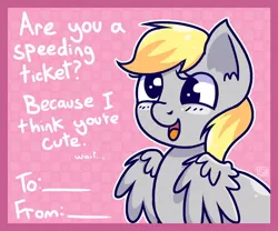 Size: 600x500 | Tagged: safe, artist:steveholt, derpibooru import, derpy hooves, pegasus, pony, blushing, cute, derp, derpabetes, female, holiday, mare, open mouth, pickup lines, solo, valentine, valentine's day, valentine's day card