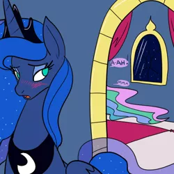 Size: 500x500 | Tagged: artist:reiduran, bedroom eyes, blushing, derpibooru import, looking back, open mouth, princess celestia, princess luna, suggestive, window