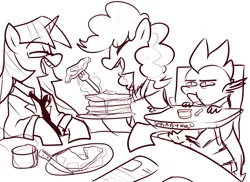 Size: 1228x895 | Tagged: safe, artist:ghost, derpibooru import, pinkie pie, spike, twilight sparkle, apron, clothes, eyes closed, family, feeding, female, fork, glasses, highchair, knife, lesbian, monochrome, mug, necktie, newspaper, pancakes, shipping, spoon, twinkie, unamused