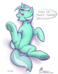Size: 1004x1280 | Tagged: suggestive, artist:cobaltsnow, derpibooru import, edit, lyra heartstrings, accidentally featured on eqd, bedroom eyes, censorship, dialogue, explicit source, featureless crotch, female, hoof fetish, hooves, human fetish, humie, on back, presenting, solo, solo female, spread legs, tongue out, underhoof