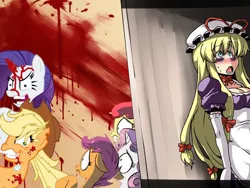 Size: 1600x1200 | Tagged: apple bloom, applejack, artist:tsuki wani, blood, breasts, cleavage, crossover, cutie mark crusaders, derpibooru import, edit, female, grimdark, horror, rarity, scared, scootaloo, sweetie belle, touhou, yakumo yukari