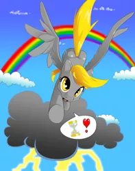 Size: 1179x1500 | Tagged: safe, artist:the-unicorn-lord, derpibooru import, derpy hooves, pegasus, pony, cloud, doctorderpy, female, heart, lightning, mare, pixiv, rainbow, shipping, solo, straight