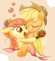 Size: 662x742 | Tagged: safe, artist:ichigoaimin, derpibooru import, apple bloom, applejack, earth pony, pony, adorabloom, apple, brush, bust, cute, duo, eyes closed, female, food, hairbrush, jackabetes, loose hair, open mouth, pixiv, sisterly love, sisters