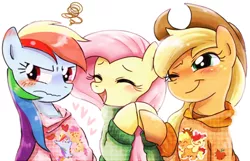 Size: 670x432 | Tagged: applejack, artist:ichigoaimin, blushing, clothes, derpibooru import, dressup, fluttershy, rainbow dash, safe, sweater, sweatershy, wink