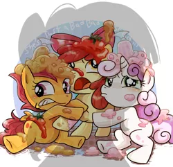 Size: 512x494 | Tagged: apple bloom, applebuse, artist:ichigoaimin, babs seed, blushing, crying, cutie mark crusaders, derpibooru import, messy, one bad apple, sad, safe, scootabuse, scootaloo, shadow, sweetie belle, sweetiebuse, woobie