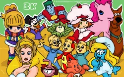 Size: 900x563 | Tagged: alvin and the chipmunks, artist:sorceress2000, cabbage patch kids, captain planet and the planeteers, care bears, crossover, derpibooru import, duck tales, friend bear, g3, g4 to g3, generation leap, pinkie pie, rainbow brite, safe, scooby doo, she-ra, strawberry shortcake, strawberry shortcake (character), the smurfs