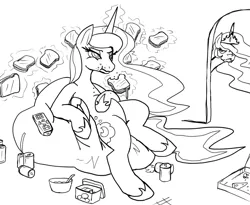 Size: 882x724 | Tagged: artist:reiduran, beanbag chair, black and white, derpibooru import, eating, glorious grilled cheese, grayscale, grilled cheese, ice cream, junk food, lineart, monochrome, pizza, princess celestia, princess luna, remote control, safe, soda, unamused