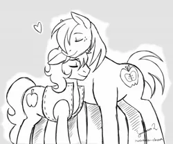 Size: 1008x840 | Tagged: safe, artist:hasana-chan, derpibooru import, big macintosh, braeburn, earth pony, pony, braemac, cute, eyes closed, floppy ears, gay, heart, incest, male, monochrome, neck nuzzle, nuzzling, shipping, sketch, smiling, stallion