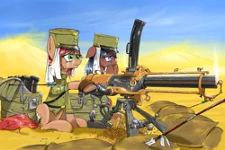 Size: 1680x1120 | Tagged: semi-grimdark, artist:madhotaru, derpibooru import, oc, unofficial characters only, pony, clothes, crying, desert, gun, implied death, machine gun, military, minigun, sad, shell shock, soldier, uniform, war