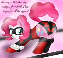 Size: 1616x1473 | Tagged: against glass, artist:blackbewhite2k7, batman, blushing, clothes, crossover, derpibooru import, glass, grinding, harley quinn, hearts and hooves day, mooning, panties, parody, pinkie pie, plot, suggestive, underwear, valentine's day